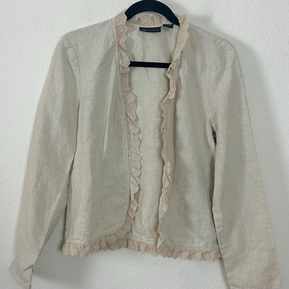 Vintage 90s Ethereal Dainty Linen Cream Lace Eyelet Trimmed Open Blazer Large - Picture 6 of 7